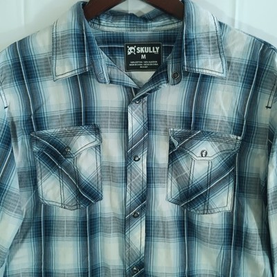 Skully Size M Blue Plaid Button Up Long Sleeve Western Ring Snap Cotton Roll Tab