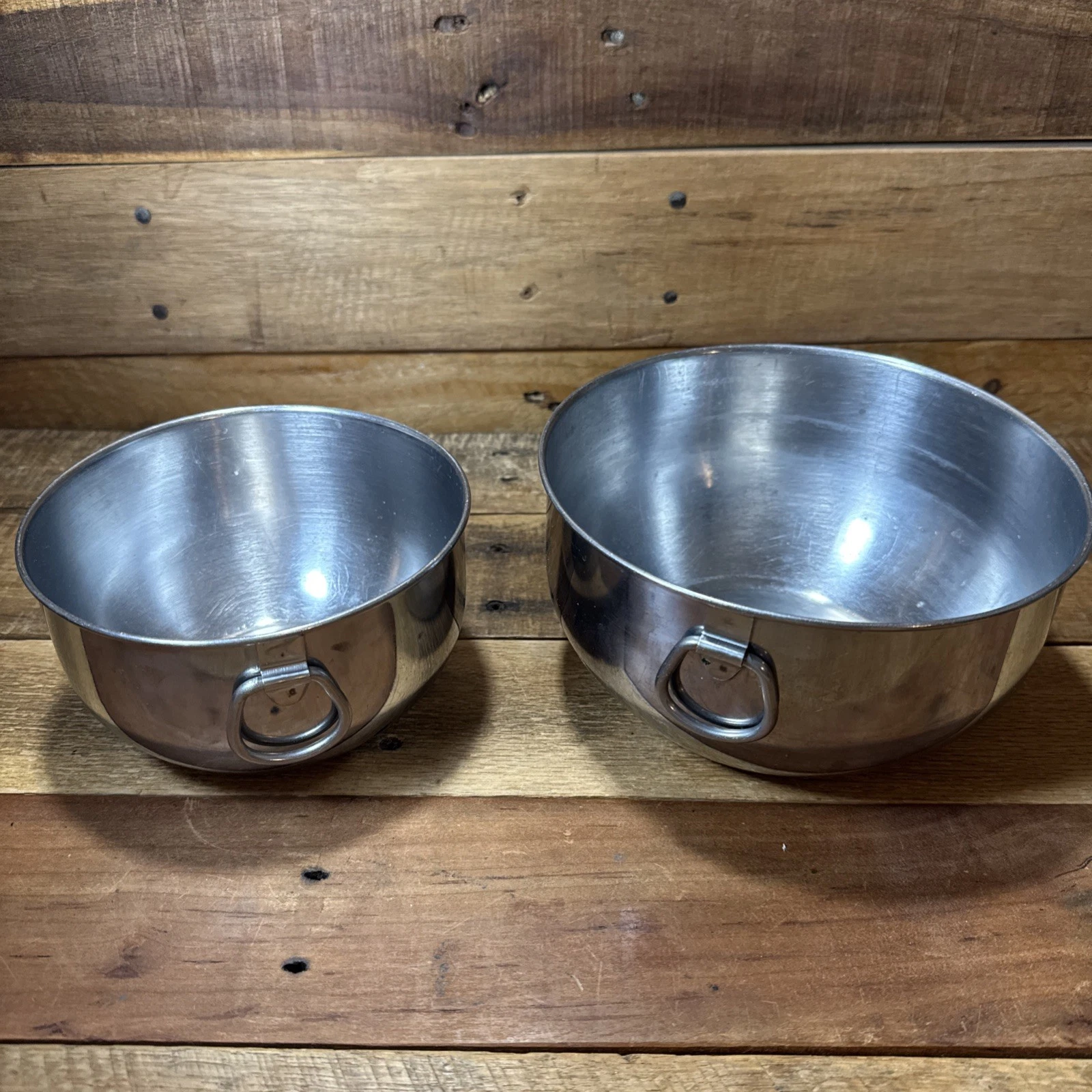 Pair Vintage Farberware 5.5" & 7" Stainless Steel Mixing Bowls Double Thumb Ring