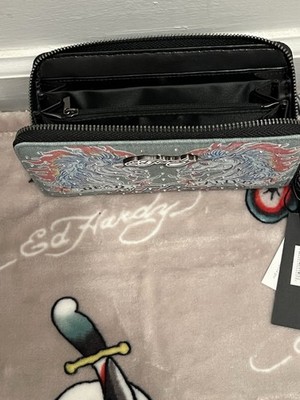 Ed Hardy Dead or Alive Denim Rhinestone Zip-Around Wristlet Wallet