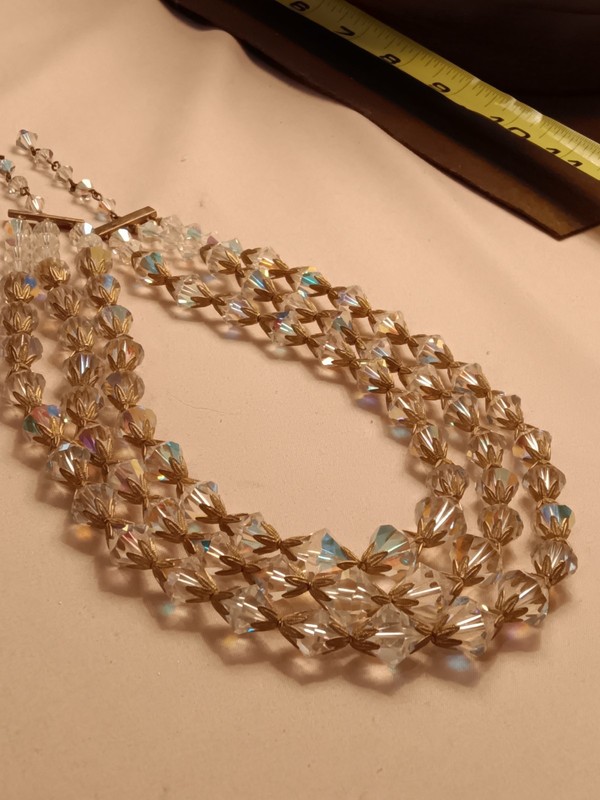 Vintage Graduated Iridescent Three Strand Champagne Bicone Crystal Bead Necklace