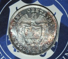AU/UNC 1942 Colombia 10 Centavos Silver  Coin {{{D453