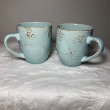 Thomson Pottery Coffee Mugs Cape Cod Blue Coastal Starfish Seashells SET of 2
