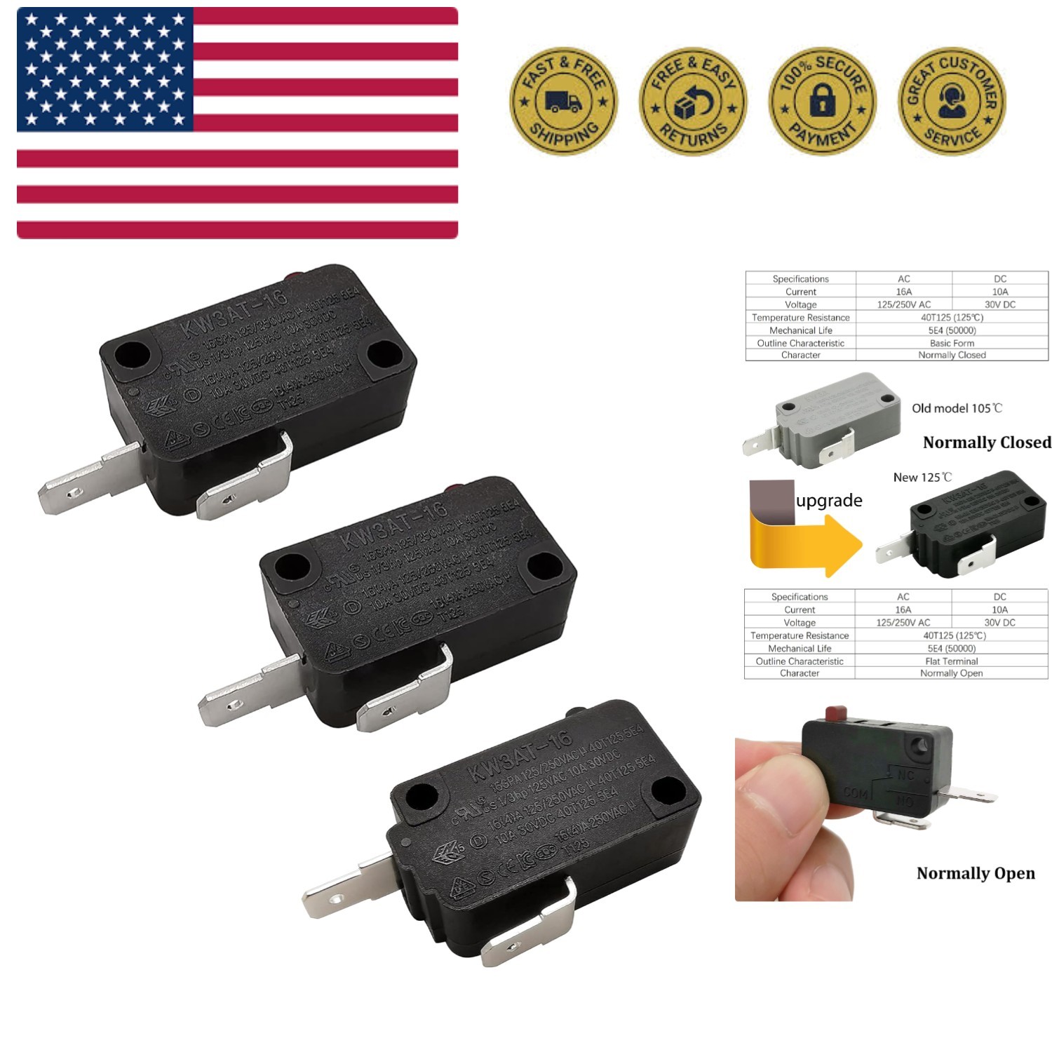 Microwave Oven Door Switch Replacement Part, 16A 125VAC, KW3AT-16 Downward Co...