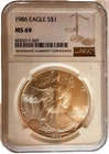 1986 American Silver Eagle $1 Dollar Coin One Troy Ounce 0.999 Fine NGC MS69