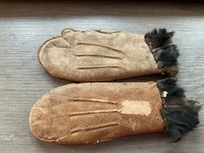 Vintage Antique Children  s Mittens Gloves Leather Fur Metal Snap Closure