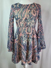 Boho BUFFALO DAVID BITTON 70s Hippie Paisley Lacey Long Bell Sleeve Dress Size S