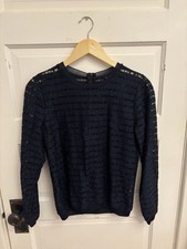 Ann Taylor Women  s Navy Blue Lace Striped Crew Neck Sheer Sweater 89