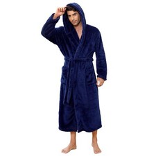 Mens Comfortable Full Length Hooded Fleece Robe with Pockets 2XL-3XL Big Navy