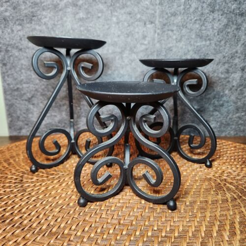 Metal Scroll Candle Holder Pillar Stand Set Of 3 Matching Black Iron  - Picture 1 of 5
