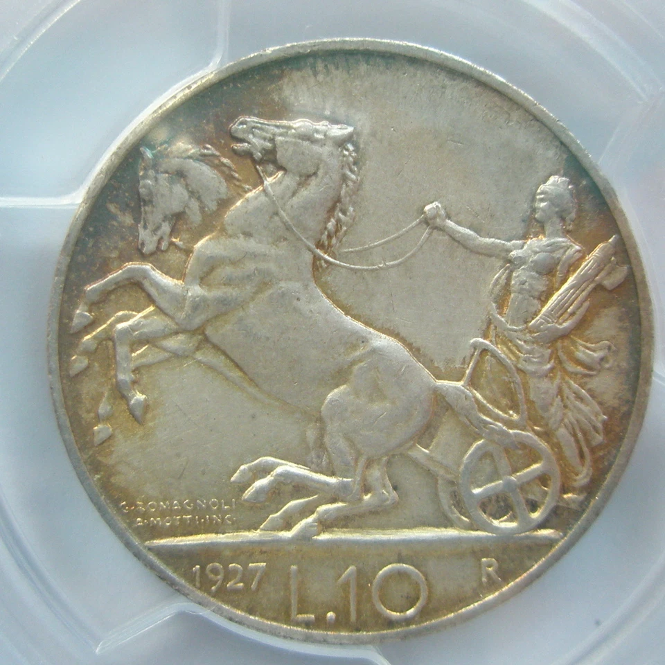 ITALY 10 lire 1927 Rome PCGS UNC Orange toned **FERT** King Horse Chariot Graded - Image 2 of 3