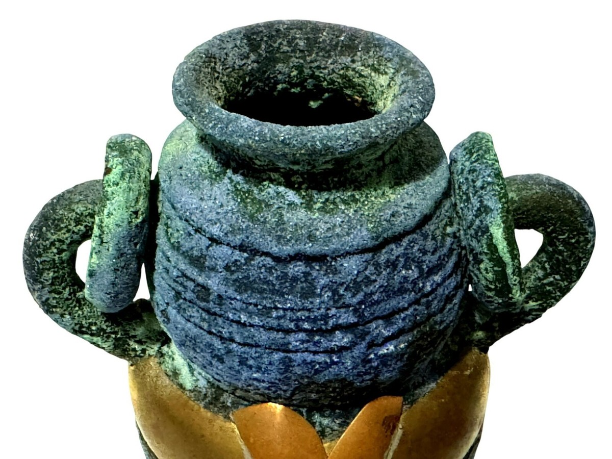Vintage Blue Green Sand Textured Amphora Vase Dual Ring