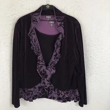 MSK Cardigan Set Womens Large Purple Velvet Burn Out Ruffle Y2K Retro Fairy