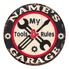 CP-0114 ANY NAME'S Garage Tools Rules Rustic Chic Tin Sign Man Cave Decor Gift