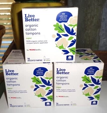 Live Better Organic Cotton Tampons by CVS Health (6 boxes Of 16 tampons 96 total