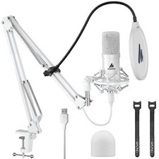 USB Microphone, 192kHz/24bit Plug  Play PC Computer Podcast Condenser White