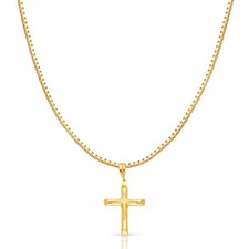 14K Yellow Gold Religious Cross Charm Pendant with 1.2mm Box Chain Necklace