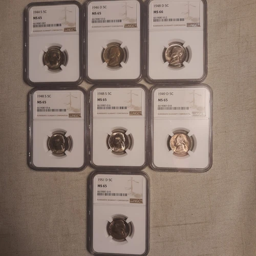 1944S, 1946D, 1948D, (2) 1948S, 1949D & 1951D Jefferson Nickel NGC Slabs (MS65+)