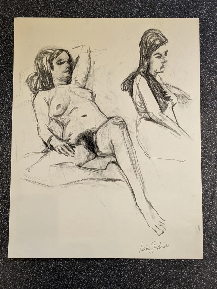 Large Original pencil & charcoal drawing by Lewis Davies 1939-2010 nude woman - Image 2 of 4