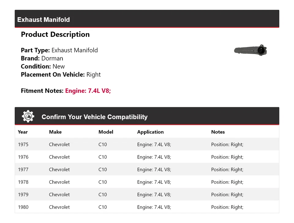 Colector de escape derecho para Chevrolet C10 1975-1980 7,4 L V8 Dorman 1976 1977 Foto 2 de 4