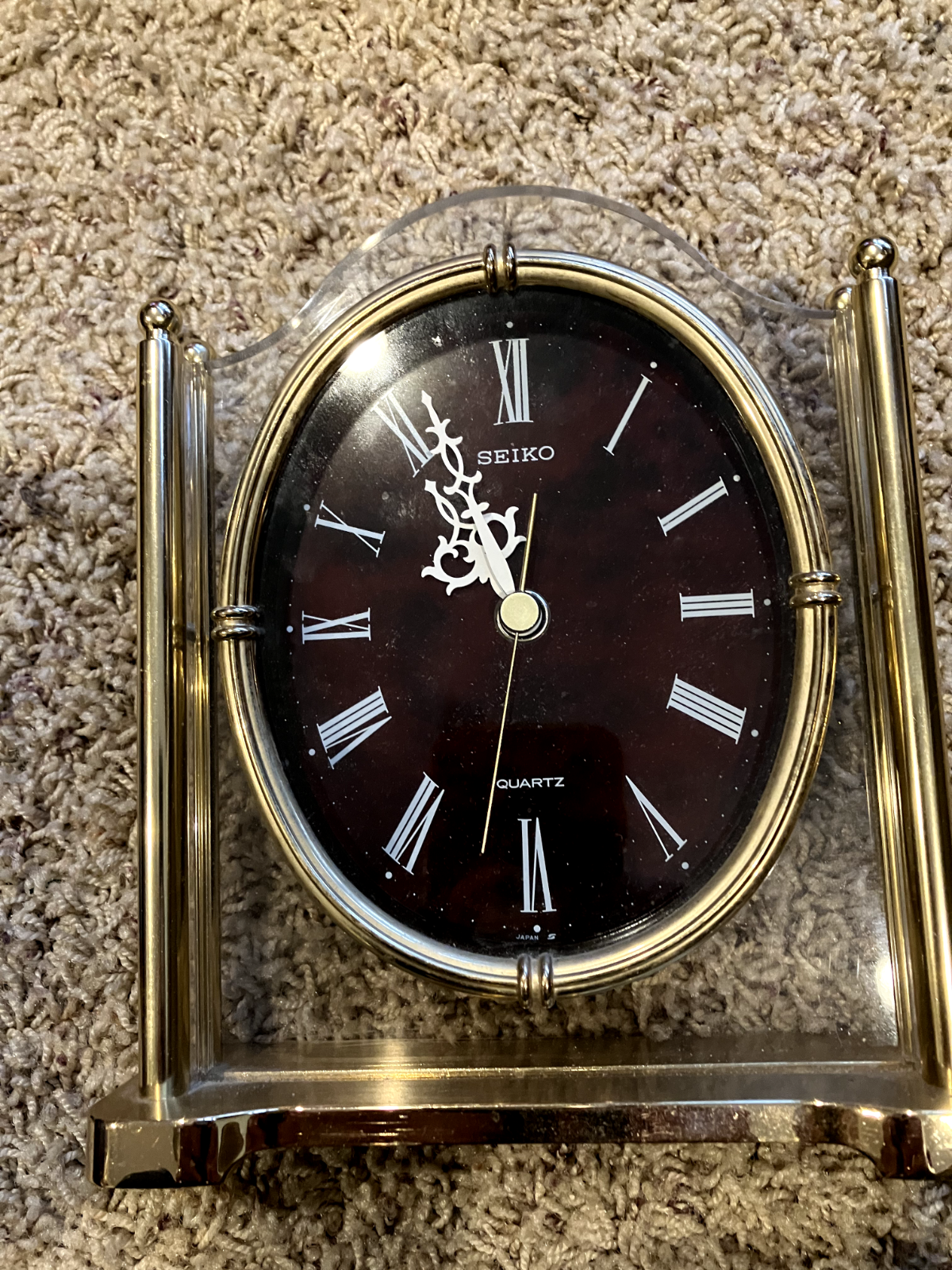 Vintage SEIKO QQZ337S Quartz Desk Mantle Shelf Clock Lucite and Brass - Japan