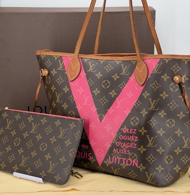 Louis Vuitton Limited Edition V Neverfull MM Grenade Monogram Pink with Pouch