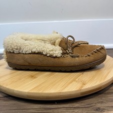 LL Bean Wicked Good Moccasins Womens 5 Brown Shearling Suede Slippers Cabin Core