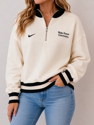 Nike Wake Forest University Women s Fleece 1/4 Zip Oversized Cream/Black L