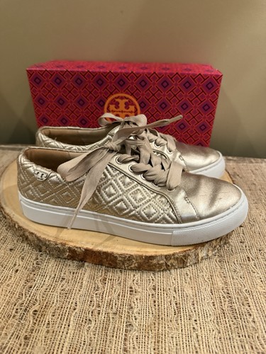 Tory Burch Marion Quilted Metallic Gold Leather Lace-up Sneakers  Shoes 8 - Picture 5 of 14