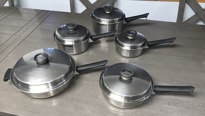 A5 MULTI PLY STAINLESS STEEL AMWAY QUEEN COOKWARE 3 POTS 2 SKILLET