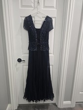 Vintage Jovani Navy Blue Embellished Silk Short Sleeve Evening Gown Size 4 EUC