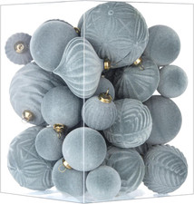 35Pcs Gray Velvet Flocked Christmas Ornaments - Shatterproof Holiday Decor