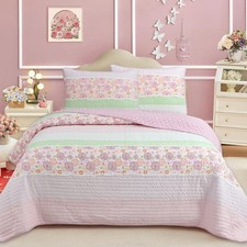 Pink Floral Whimsy Gingham Stripe Cotton Quilt Bedding Set