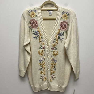 Alfred Dunner Floral Embroidered Cardigan Womens Ivory Button Sweater Medium NWT