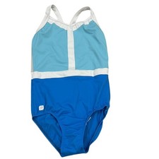 Sylvia P Child 12 One-Piece Gymnastics Leotard Blue  White Colorblock Design