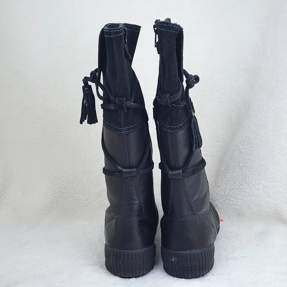 Geox Youth Black Suede Leather Zip Straps Mid Calf Comfort Winter Boots Size 3 - Image 4 of 4