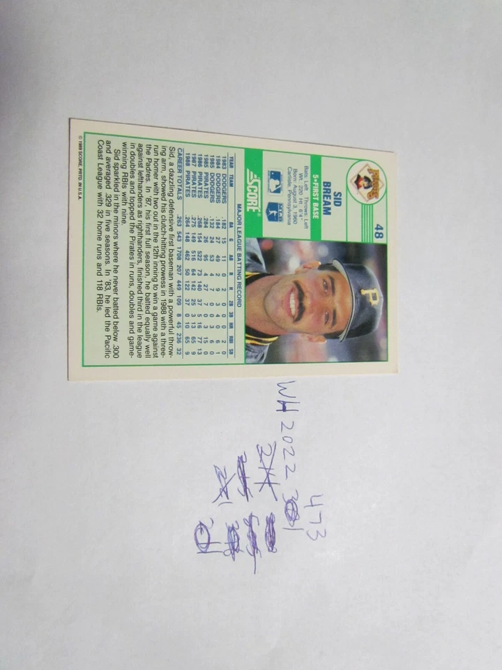 1989 Score Sid Bream Signed Card JSA Auction Certified  - Image 2 of 2