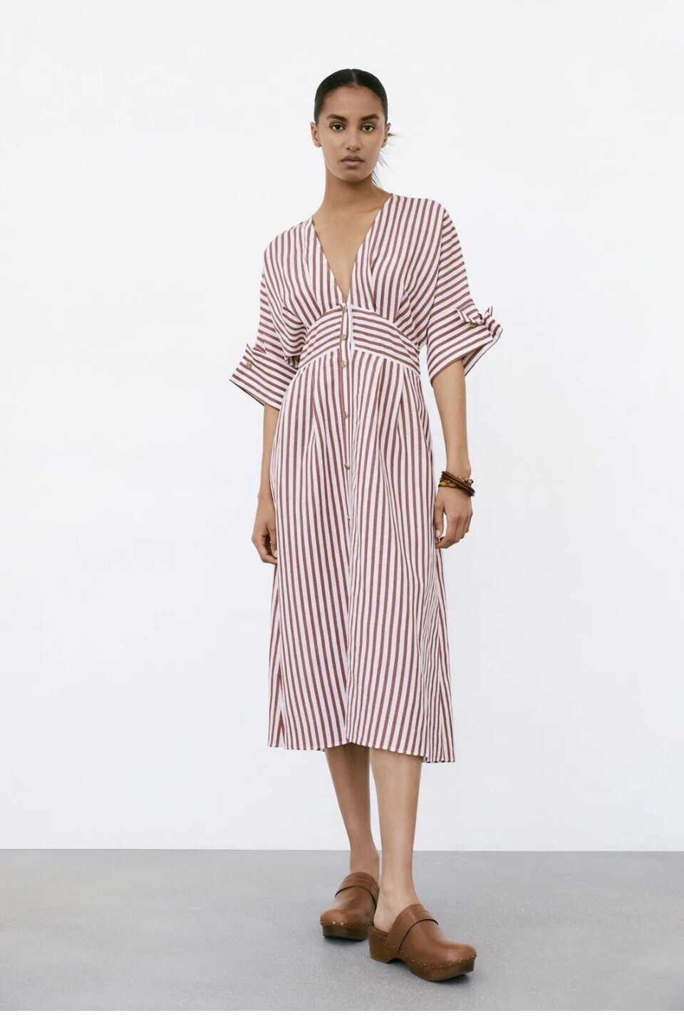 ZARA PINK WHITE STRIPED MIDI SHIRT DRESS WITH BELT, METAL BUTTONS SIZE XS BNWT