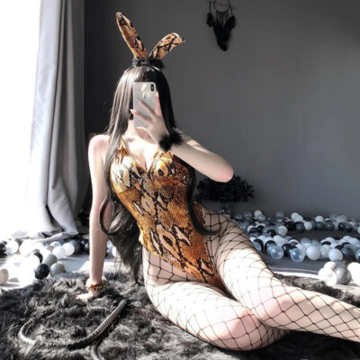 Sexy Lingerie Python Snake Print Bunny Girl Cosplay Costume Anime Bodysuit Dress