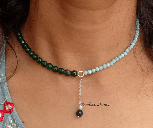 Natural Green Aventurine and Larimar Beads Silver Chain Necklace Gift for Her - Picture 1 of 6