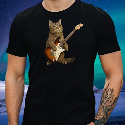 Mens Cat Electric Guitar Print Cotton T-Shirt Size S to 5XL