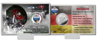 NFL Munich Game Buccaneers vs Seahawks Silver Münze Flip Coin Card Aufsteller