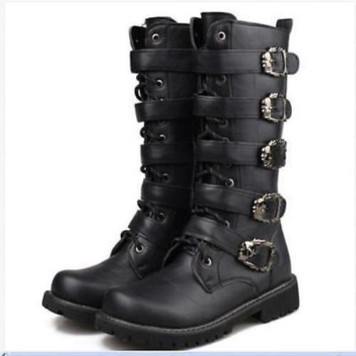 Men's Buckle Lace up high-top Knee High boots Motorcycle knight