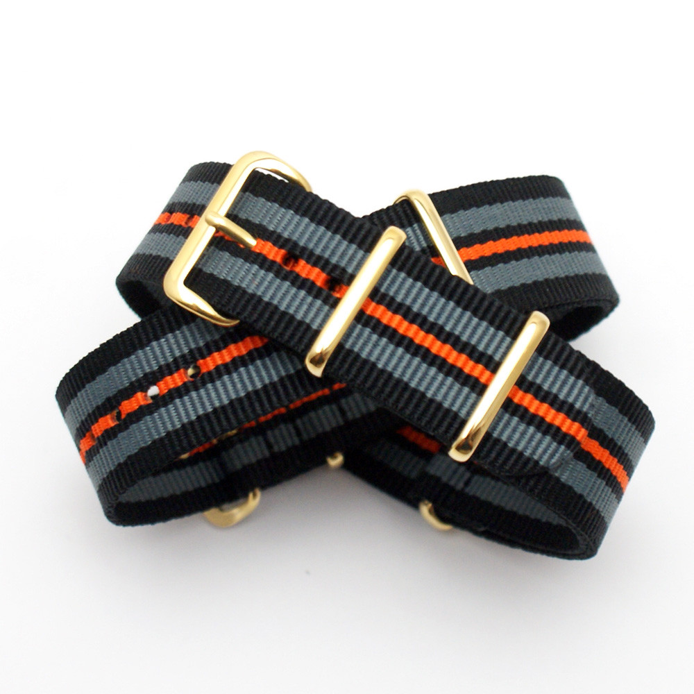 Black / Grey / Orange Nato Watch Strap : Gold Buckle / Keepers : 20mm (FL194)