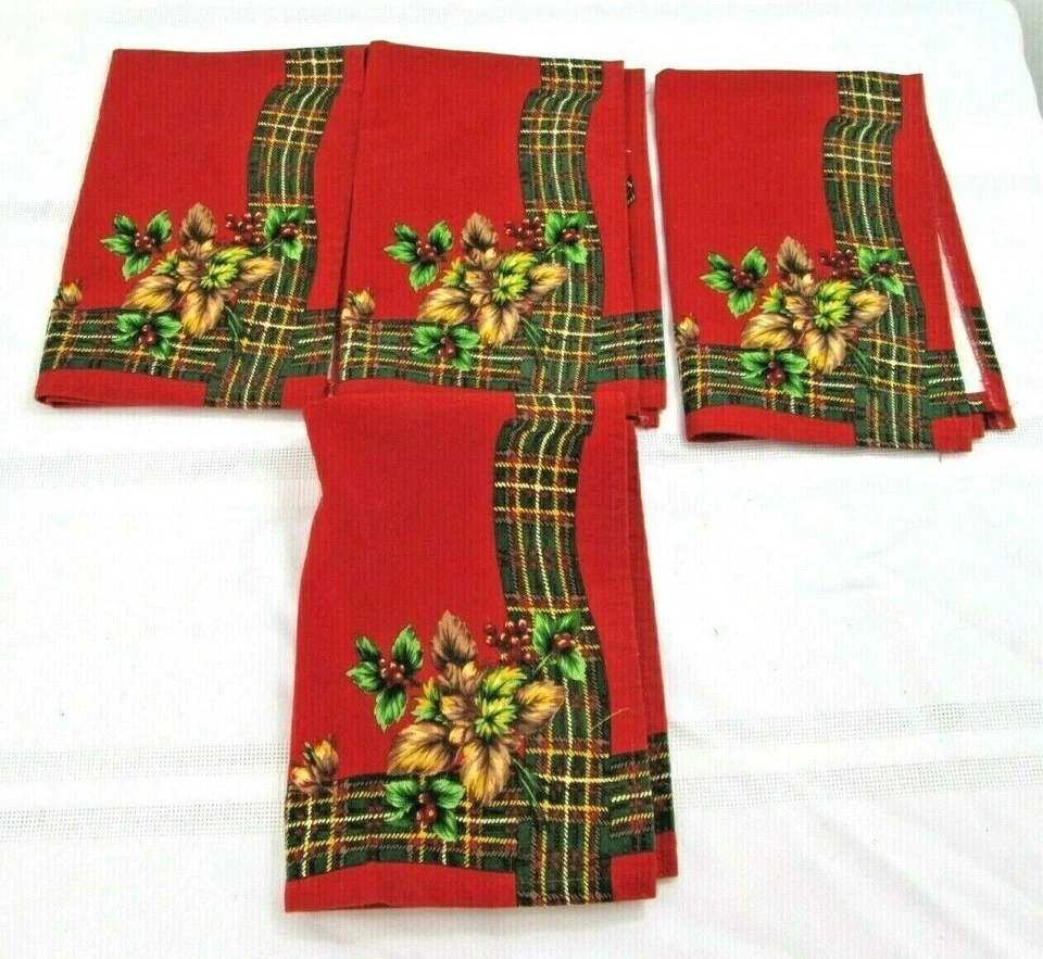Weihnachten Tischsets 4er Set Schottenkaro rot grün gold Stechpalme Beeren Baumwolle