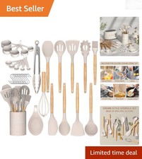 Kitchen Cooking Utensils Set 33 pcs Silicone Non-Stick Wooden Handle Khaki
