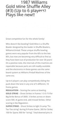 Williams Gold Mine Shuffle Alley Machine 1987 Original Arcade Bowler