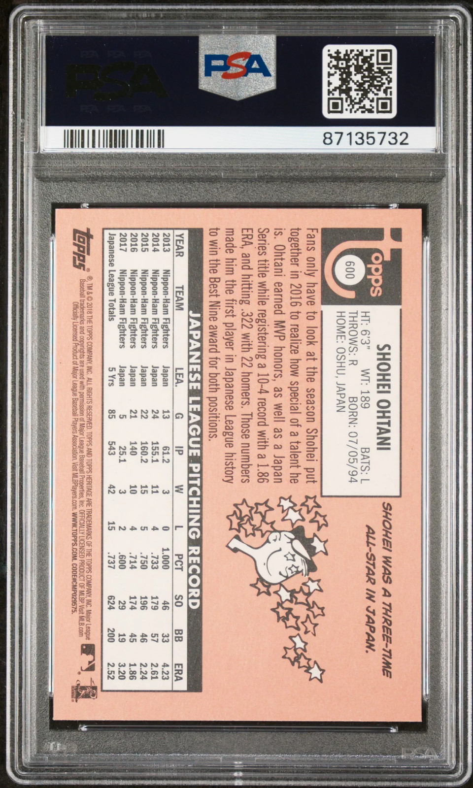 2018 Topps Heritage #600 Shohei Ohtani Rookie PSA 10 view 2