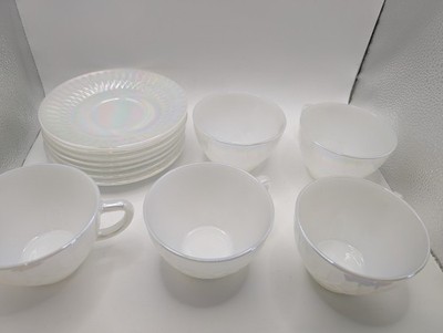 Federal Glas Moonglow irisierend Milchglas Tasse Untertasse Set x5 50er Jahre hitzebeständig