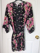 Oscar de La Renta Pink Label Robe Womens Medium Black Pink Floral Tie Belt Sheer