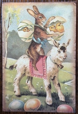 Easter Rabbit On Goat Chicks Eggs Vintage Inspired  Postcard Decor PC552 Card